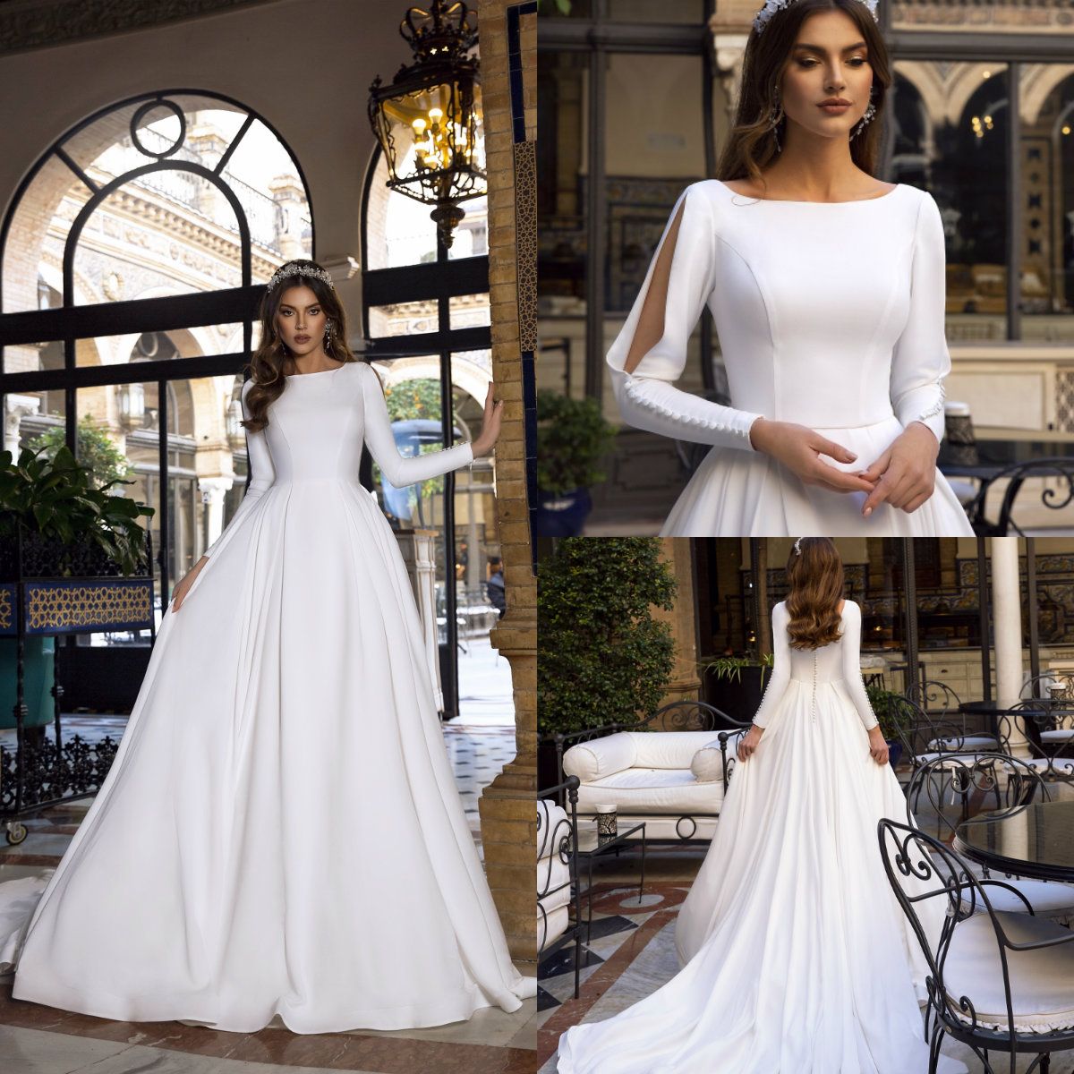 Discount 2020 Modest Satin Wedding Dresses Scoop Neck