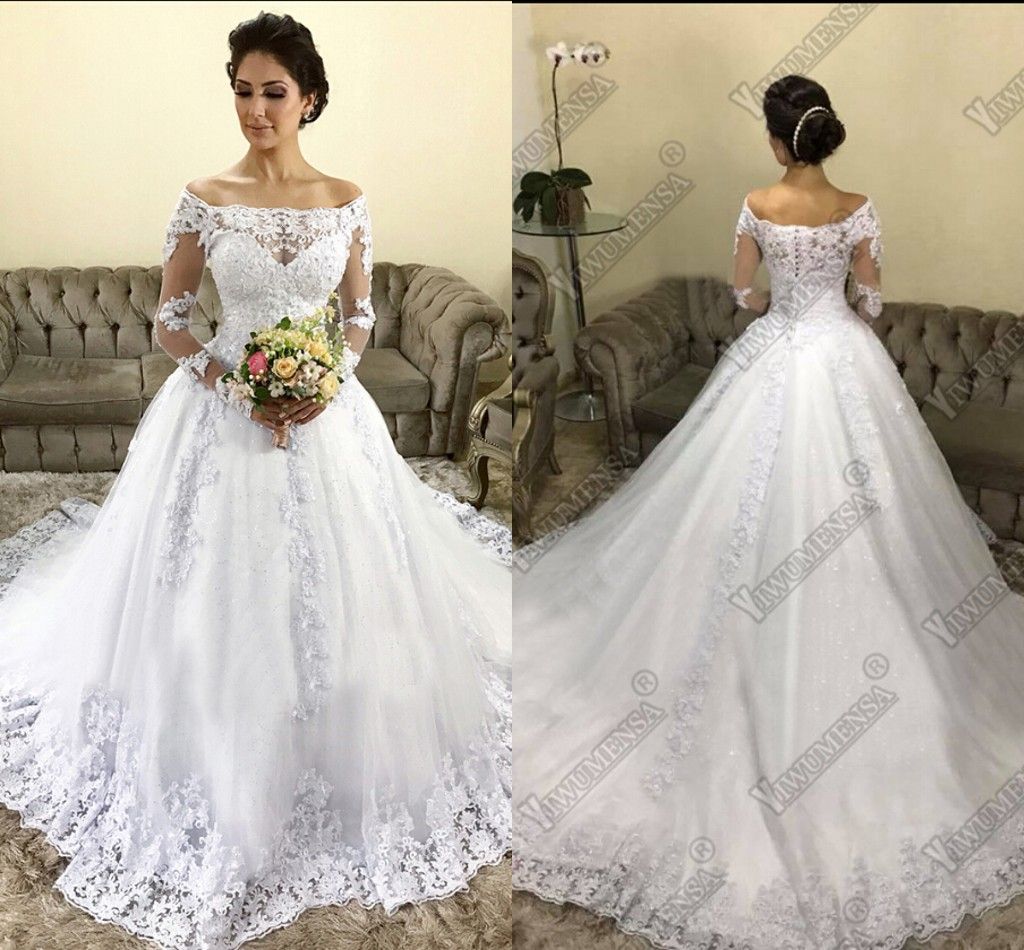 Robe de Mariage 2019 Barco atractivo del vestido de novia de bola cuello de
