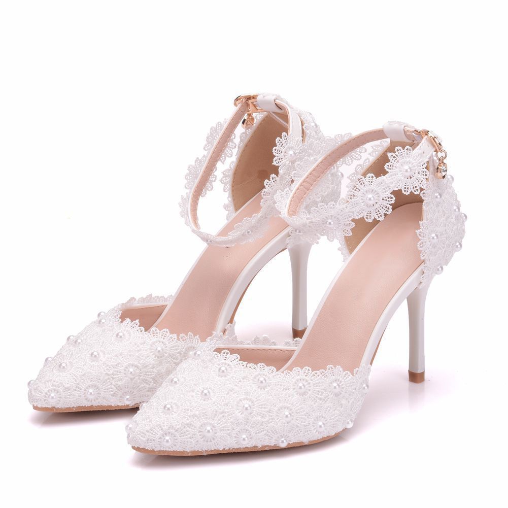 9cm Women Fashion Wedding Shoes Lace White Pink Color Crystal
