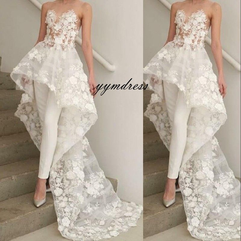 DiscountElegant Overskirts Jumpsuits Wedding Dresses 2019 New Sheer ...