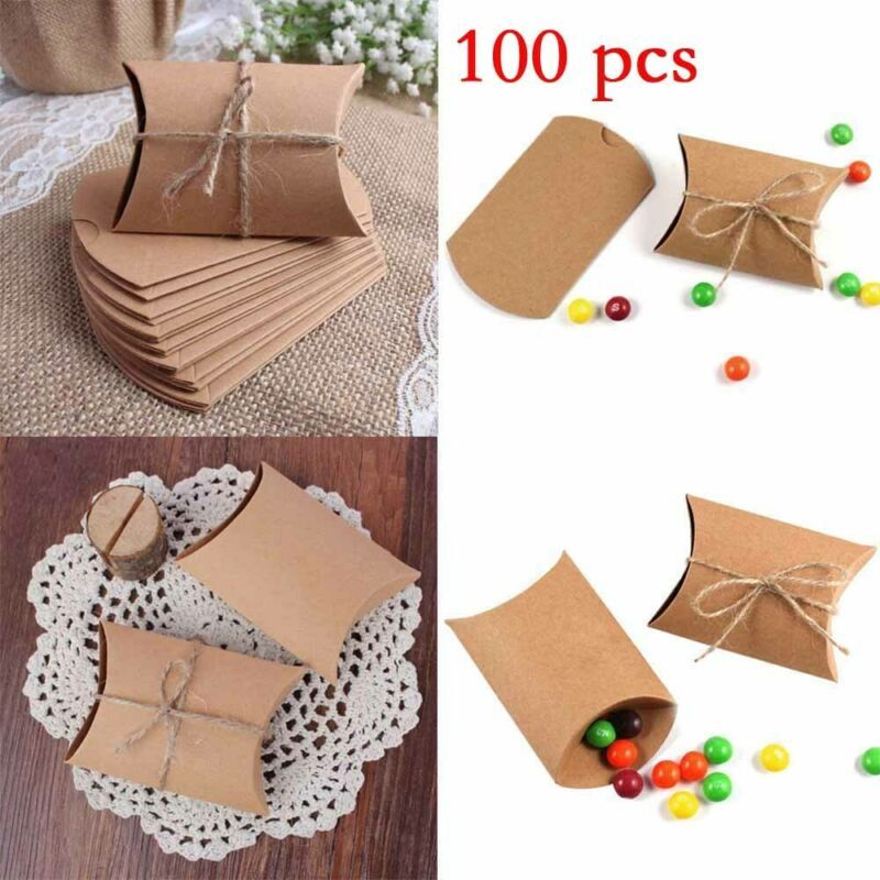 100x Wedding Candy Box Paper Kraft Gift Boxes Pillow Shape Bag Event Party Favor 