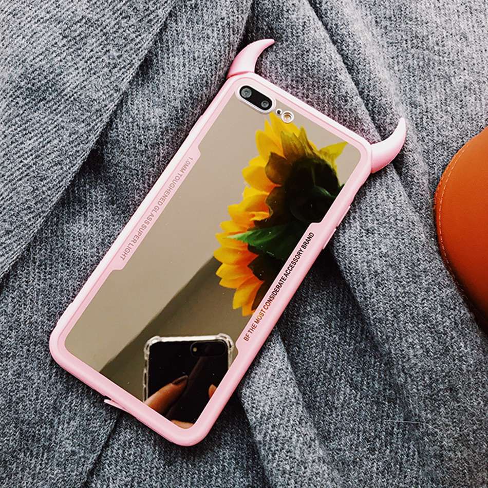 Funda de teléfono de espejo de lujo para iPhone 7 6 6s 8 Plus Funda de cuerno de diablo 3D linda para iPhone X XS Max XR Funda trasera de acrílico duro Coque