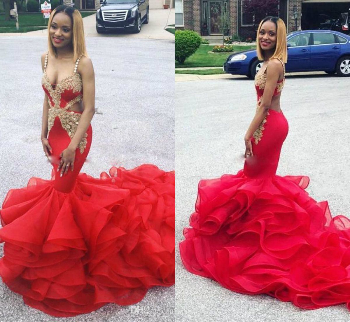 red mermaid prom dress with ruffle bottom