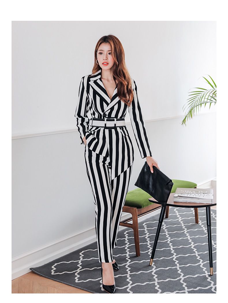 womens black and white striped dress pants