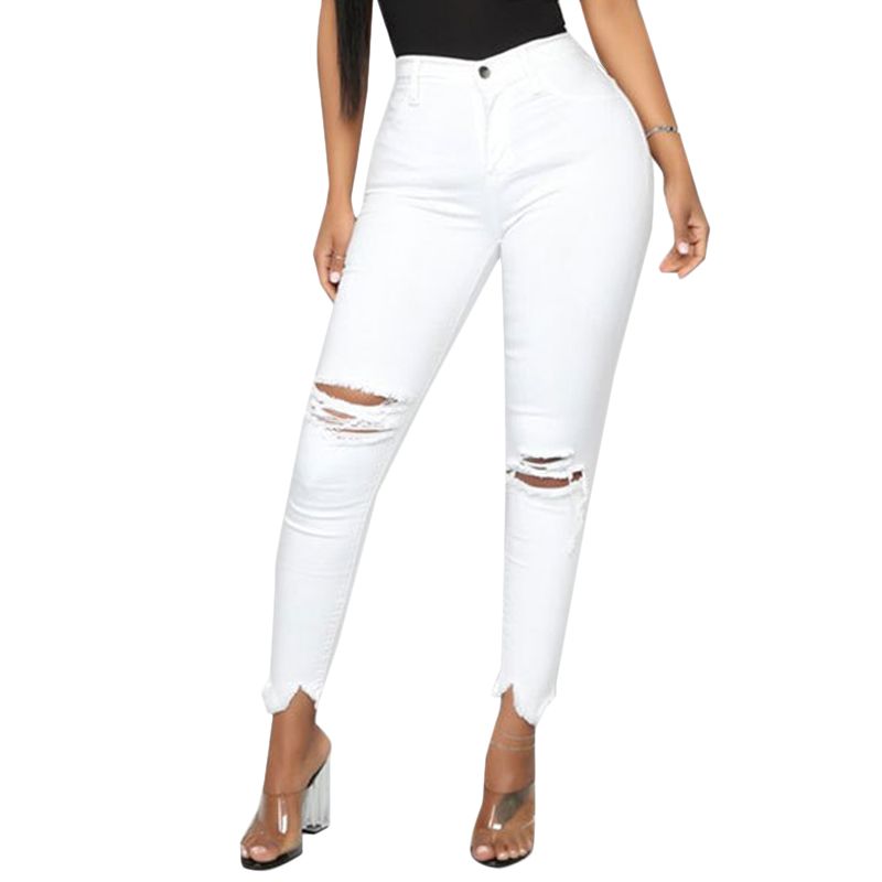 Mujer Jeans Blanco Blanco Agujero Sexy Sknny Jeans Mujeres Ropa Sumemr Streetwear Casual Lápiz Pantalones