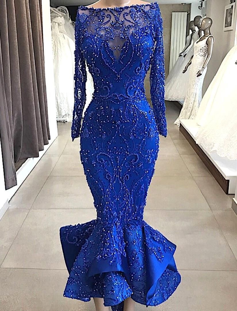 Luxury Royal Blue Mermaid Prom Evening Dresses Bateau Neckline Beaded