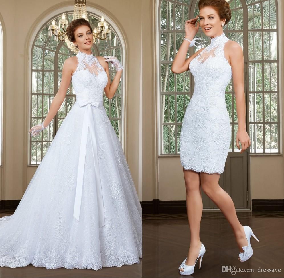 Compra Fabuloso Cuello Alto Escote 2 En 1 Vestidos De Novia Apliques De  Encaje Con Cuentas De Tul Una Línea De Vestido De Novia Vestido De Novia  Barato | Entrega Rápida Y
