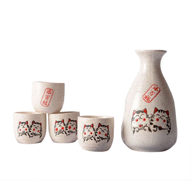 2021 Japanese Sake Set Fortune Cat Maneki Neko White Glazed Ceramic