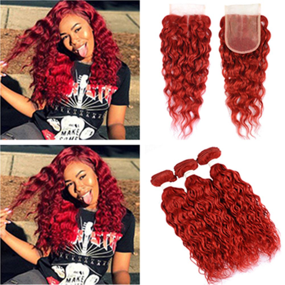 Pure Red Malaysian Wet And Wavy Human Hair Weave Bundles With