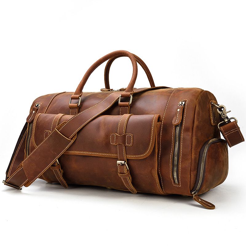 Vintage Leather Travel Bag 50cm Mens Leather Handbag One Shoulder Slant Straddle Bag With Shoe