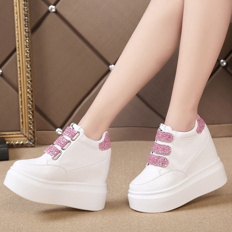 Op en neer gaan Uitstekend Grazen Hot Sale-Wedges Pailletten Schoenen Vrouw Verborgen Hak Hoogte toenemende  12 cm Zwart Wit Wig Sneakers