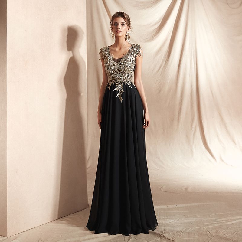 ME009 Wedding Guest Dress Deep V Neck Cap Sleeve Black And