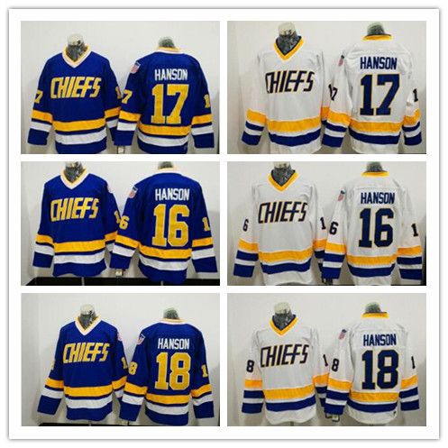 Koszulki hokejowe Hanson Brothers # 16 Jack Hanson # 17 Steve # 18 Jeff Charlestown Chiefs Slap Shot White Blue Movie Hockey Jerseys