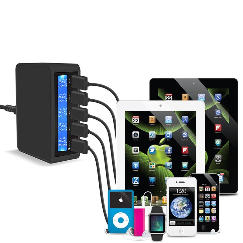 Chargeur Universel Multi Ports 5USB Chargeur Téléphone Intelligent QC3.0 Charge Rapide Écran De