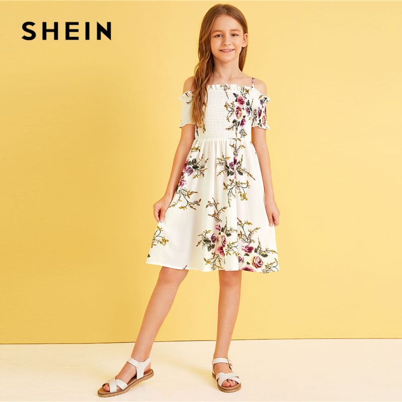 Acheter Pas Cher Shein Kiddie Epaule Froide Impression Florale Filles Robe Boho Enfants 19 Vacances Dete A Manches Courtes Taille Haute Fronce Robes Du 60 06 Fr Dhgate