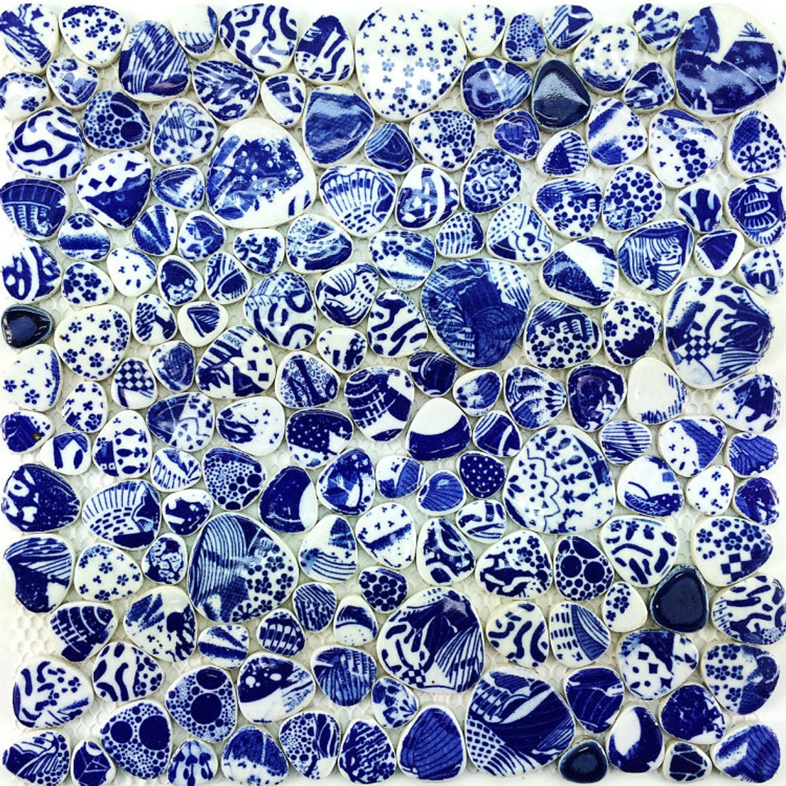 2020 Glazed Pebble Mosaic Tiles PPMT005 Pebble Blue Porcelain Ceramic