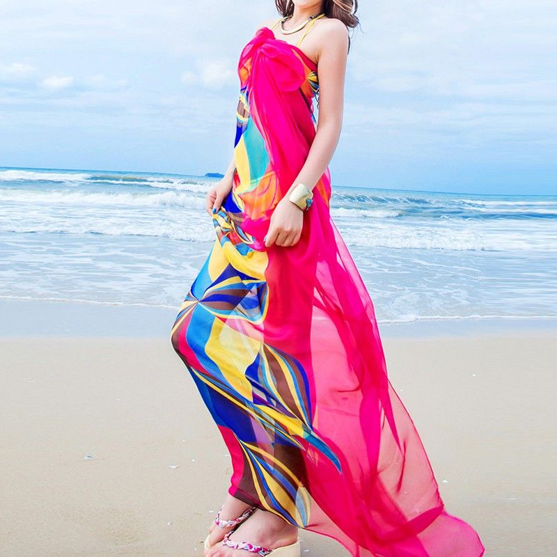 45" X 90" bellamente bordes con olas Colorido Playa Sarong Enorme Seda Bufanda 