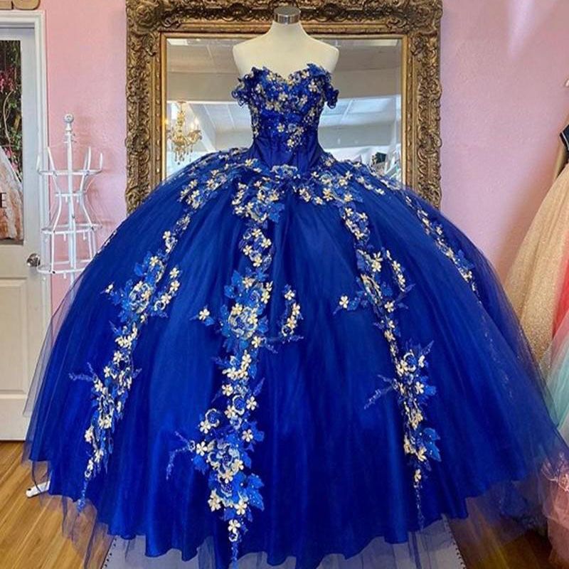 Royal Blue Ball Gown Quinceanera Dresses Off The Shoulder Beaded 3D