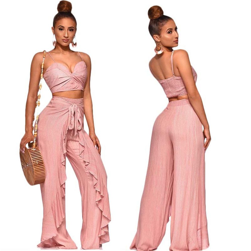Ladies Wide Leg Pants High Waist Ruffle 