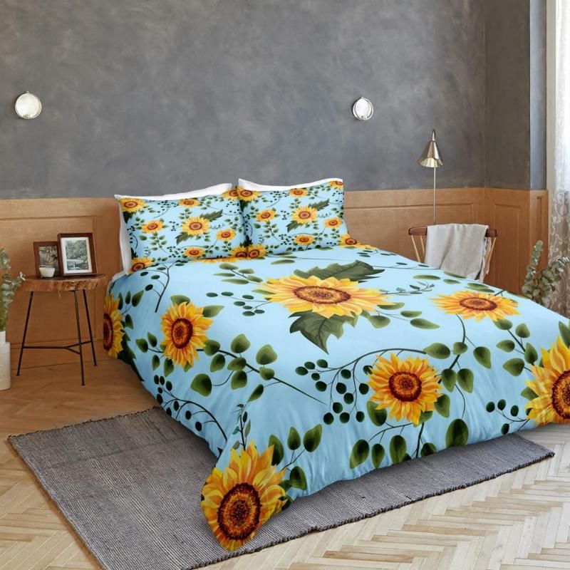 Sunflower Duvet Cover Set Blue Bedding Set Floral Bedclothes
