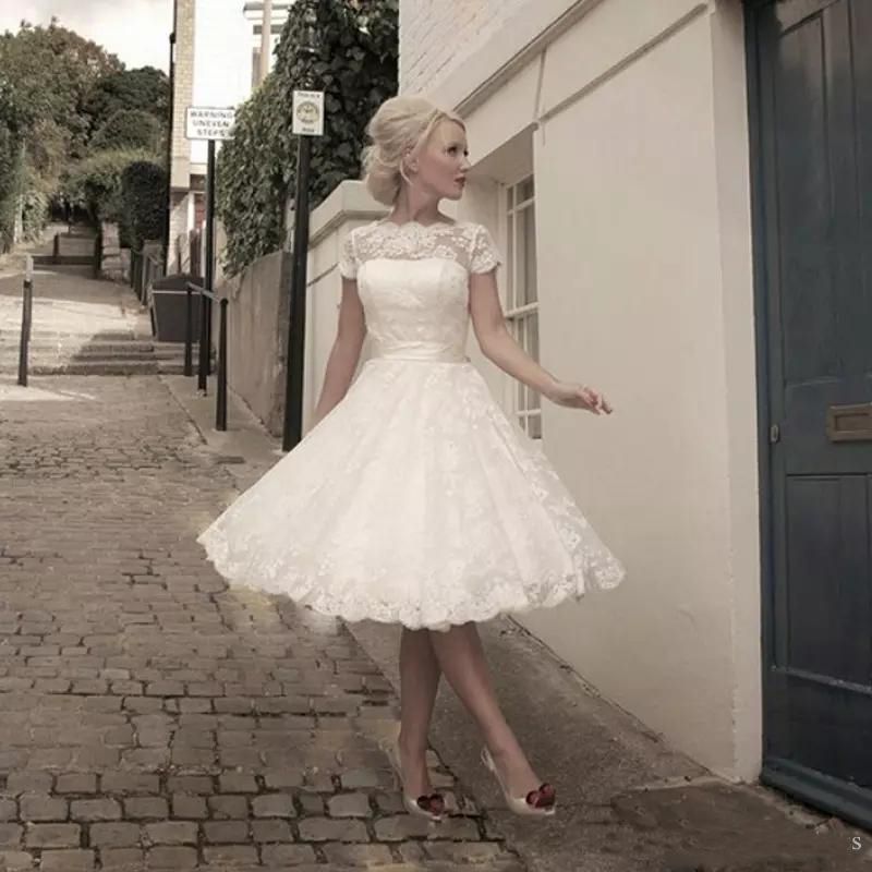 knee length wedding dresses with lace sleeves
