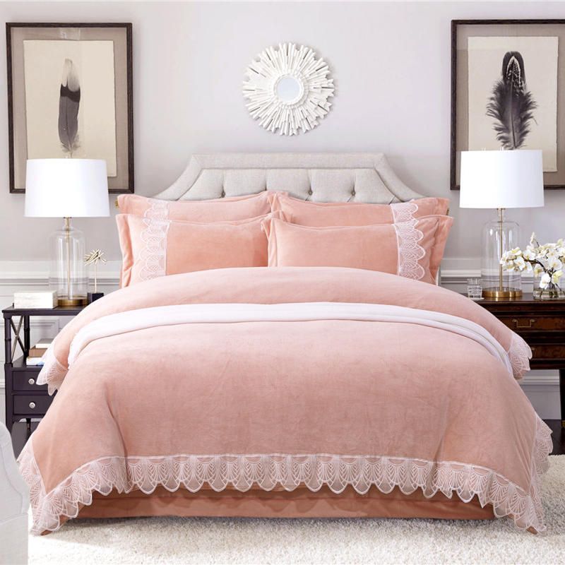 Fleece Pink Bedding Set Luxury Queen King Size Lace Bed Set Soft