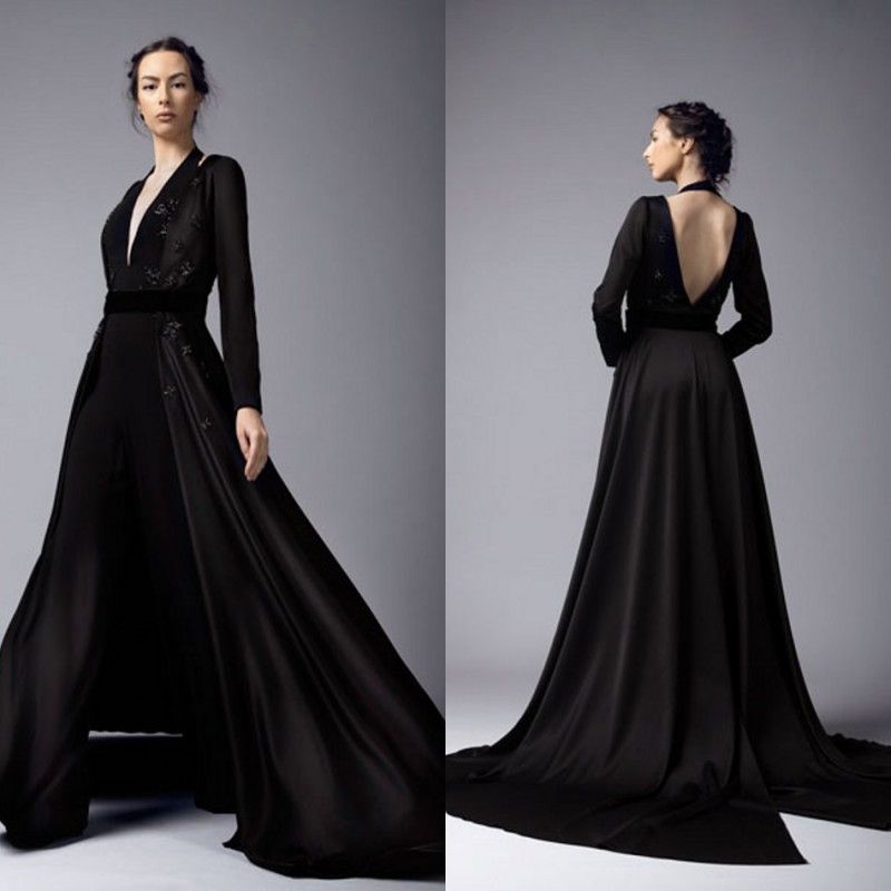 2019 Black Prom Dresses Jumpsuits With Long Jacket Halter Lace ...