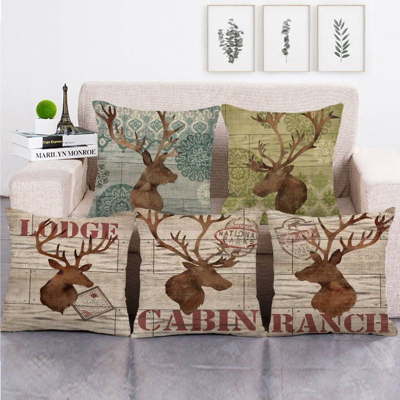 45cm 45cm Retro Bottom Elk Design Linen Cotton Throw Pillow Covers