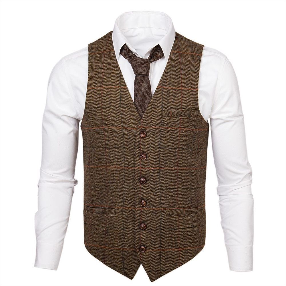 VOBOOM Braun Karierte Wolle Tweed Herren Weste Casual Fit Weste