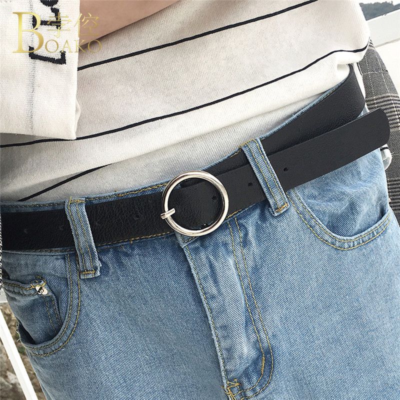 Round Ring Buckle Waist Belt Solid PU Leather Waistband for Men Women Black