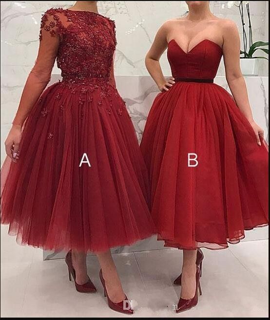 Cheap Two Styles Dark Red Short Prom Dresses 2019 Lace Appliques