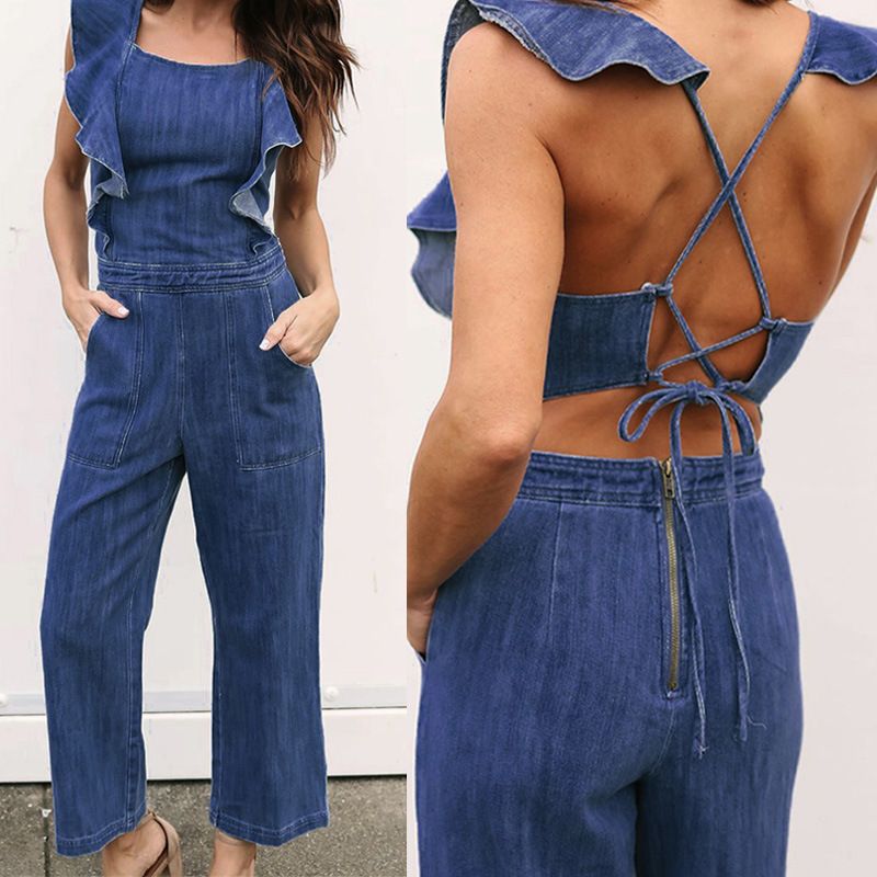 denim romper long pants