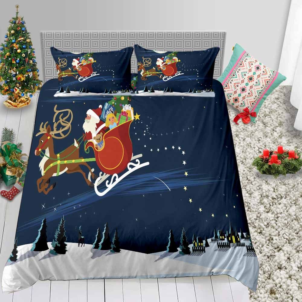 Christmas Print Bedding Set King Cartoon Santa Send Gifts Duvet