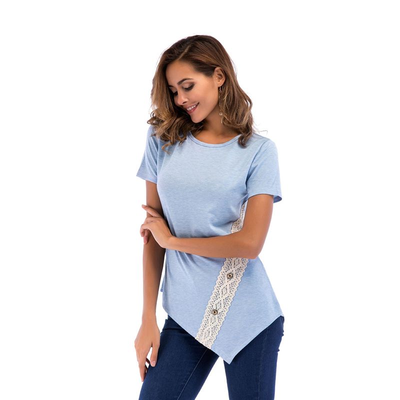 Women Long Sleeve Plus Size Blouses Tops Round Neck Button Side Tunic T-Shirt Blue