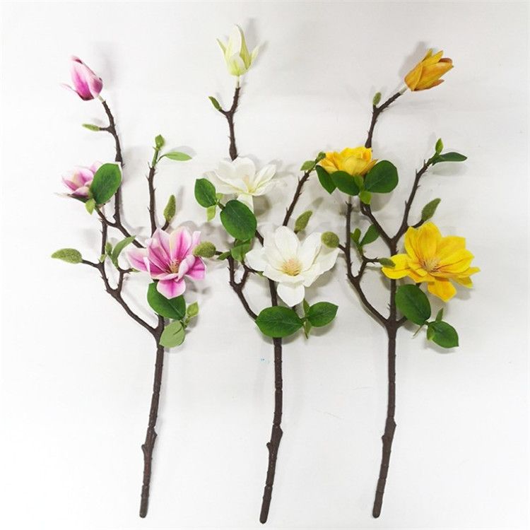 Stem of Faux Silk Flowers 1 Short Branch of Realistic White Artificial Magnolia