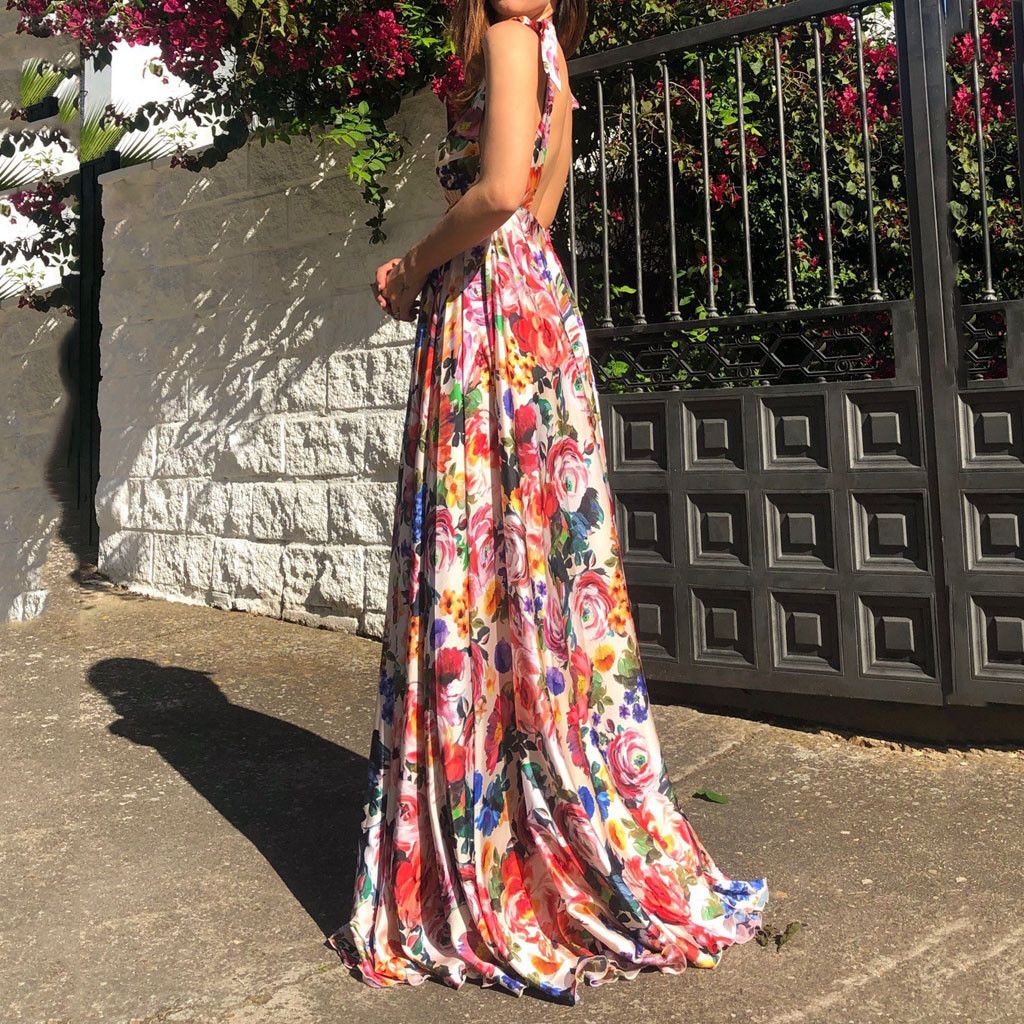 sexy deep v collar floral printed maxi dress
