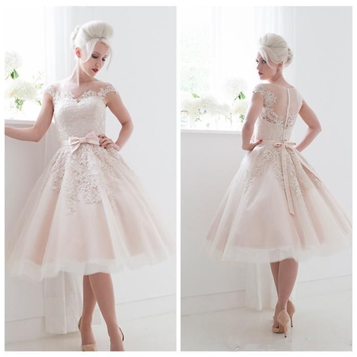 blush pink tea length wedding dress