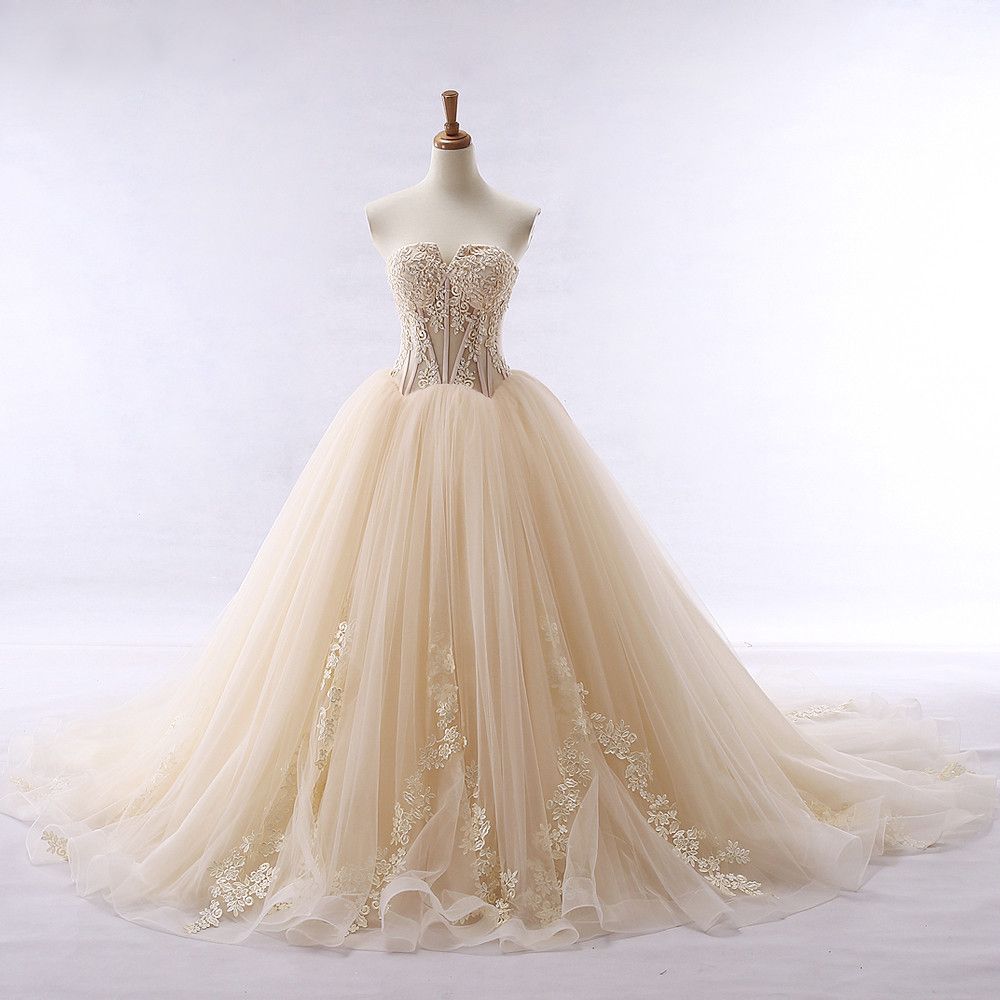 Fotura real Light Champagne Vestido de novia Princess Una línea Tulle Ver a través de la cintura Aplique Corte Tren Vestidos de novia Vestidos nupciales Nuevo Fotura real Light Champagne Vestido de novia Princess Una línea Tulle Ver a través de la cintura Aplique Corte Tren Vestidos de novia Vestidos nupciales Nuevo