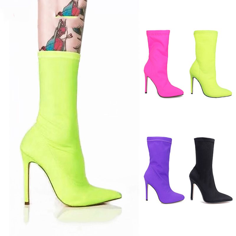 2019 vrouwen neon zijden sok laarzen 11.5 cm hoge hakken stretch mode hakken  roodgroene enkellaarzen perzik