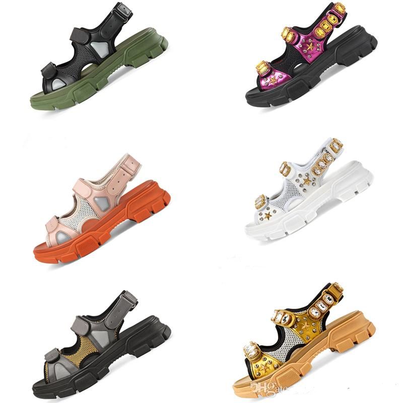 Trendy Riveted Sports Sandals Real Leather Diamond Sandals Sporty Leisure Womens Beach Shoes 