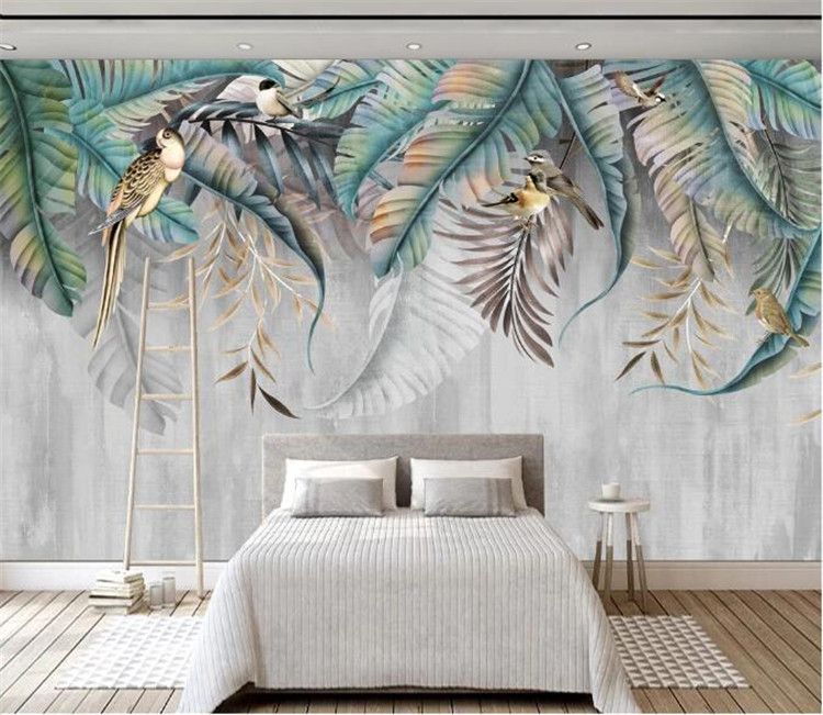 Custom Any Size Mural Wallpaper Modern 3D Nordic Style Plant Leaves Birds  Photo Wall Mural Living