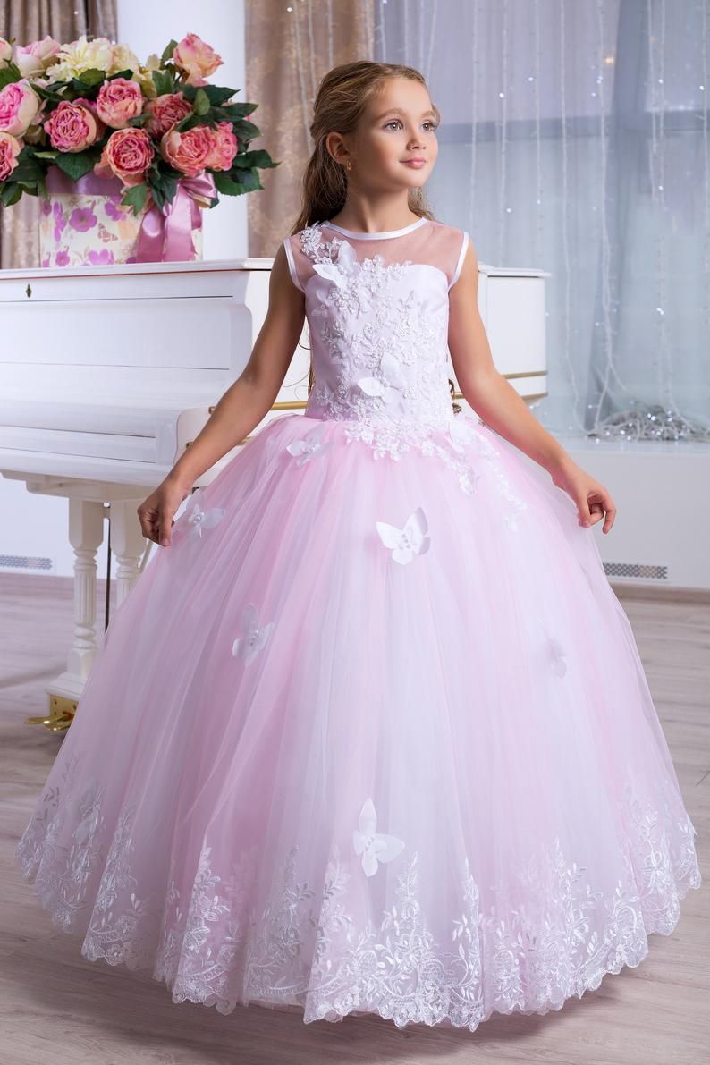 Blush Flower Girl Dress Cream Tulle Rose Guipure Tutu Birthday Wedding Kids Pink Lace Satin Junior Bridesmaid Ballerina Baby Formal Party