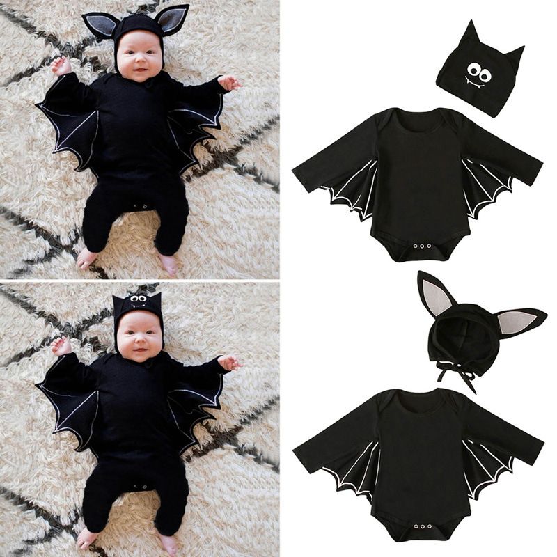 OverDose Producto Niño recién Nacido bebés niños niñas Halloween Cosplay Disfraz Mameluco Sombrero Trajes Conjunto Forma de murciélago Lindo Traje Lindo bebé Disfraz