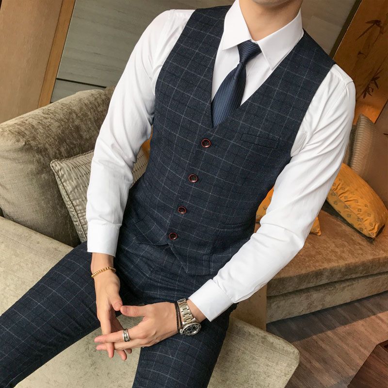 Vest + Pants Set Men Fashion Plaid Slim 