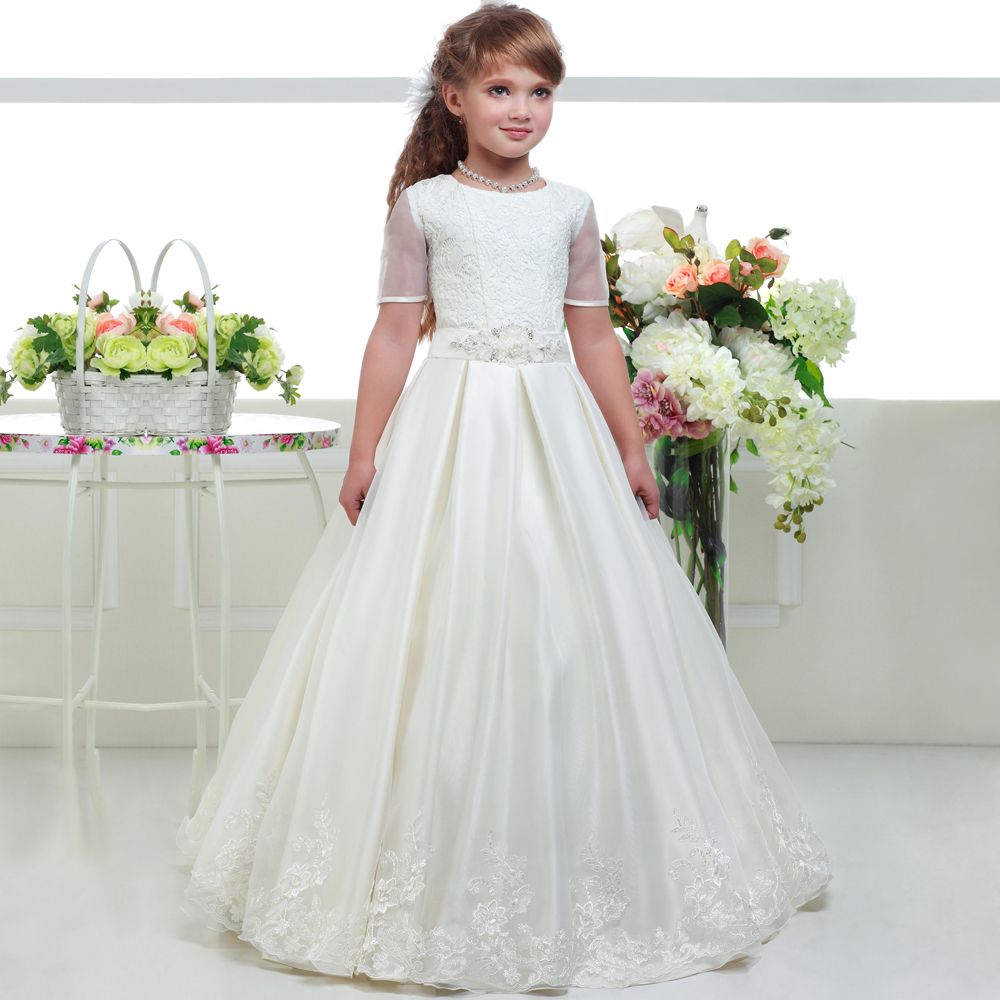 Compra 2019 Blusa De Organza Charming Girls Primera Comunión Vestidos Del  Cordón Del Bordado De La Falda De La Manga Corta De Largos Vestidos De  Comunión Santos Barato | Entrega Rápida Y