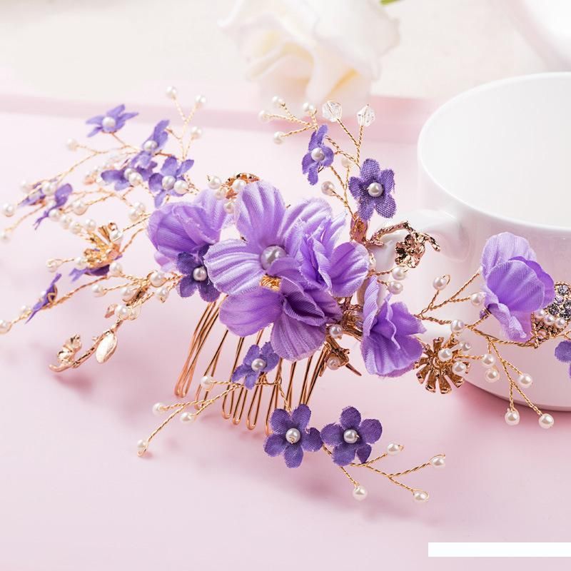 2019 Beijia Romantic Purple Flower Comb Bridal Hair Vine Pearls