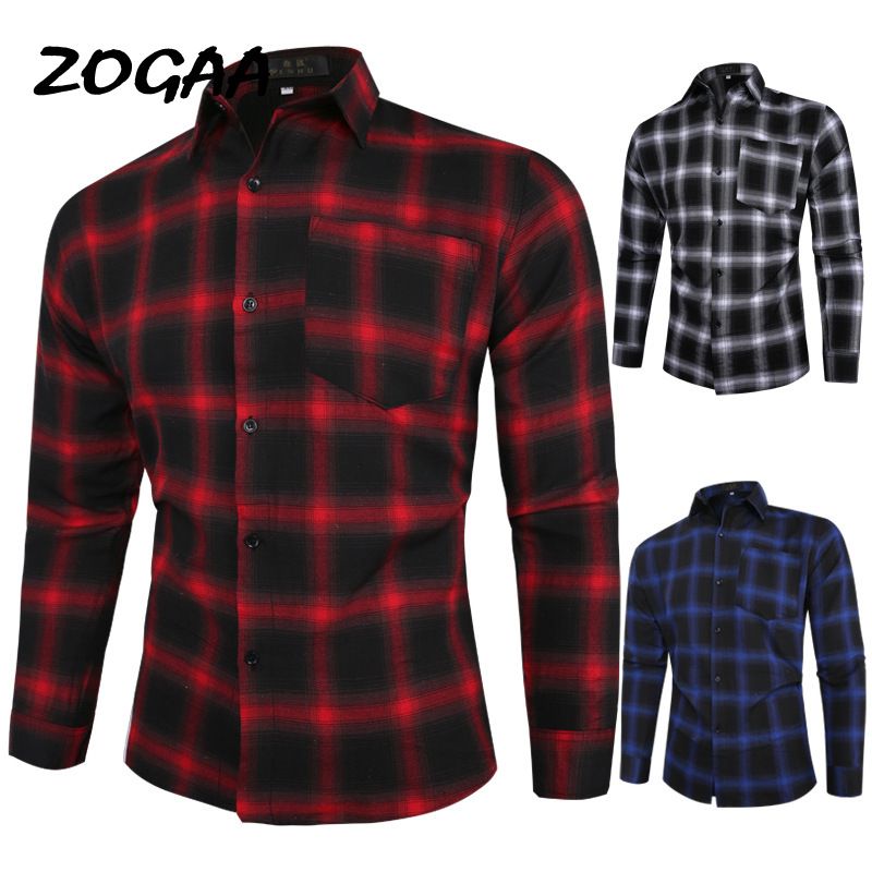 Camisas casuales los hombres Zogaa camisa a cuadros 2021 otoño e invierno rojo de manga
