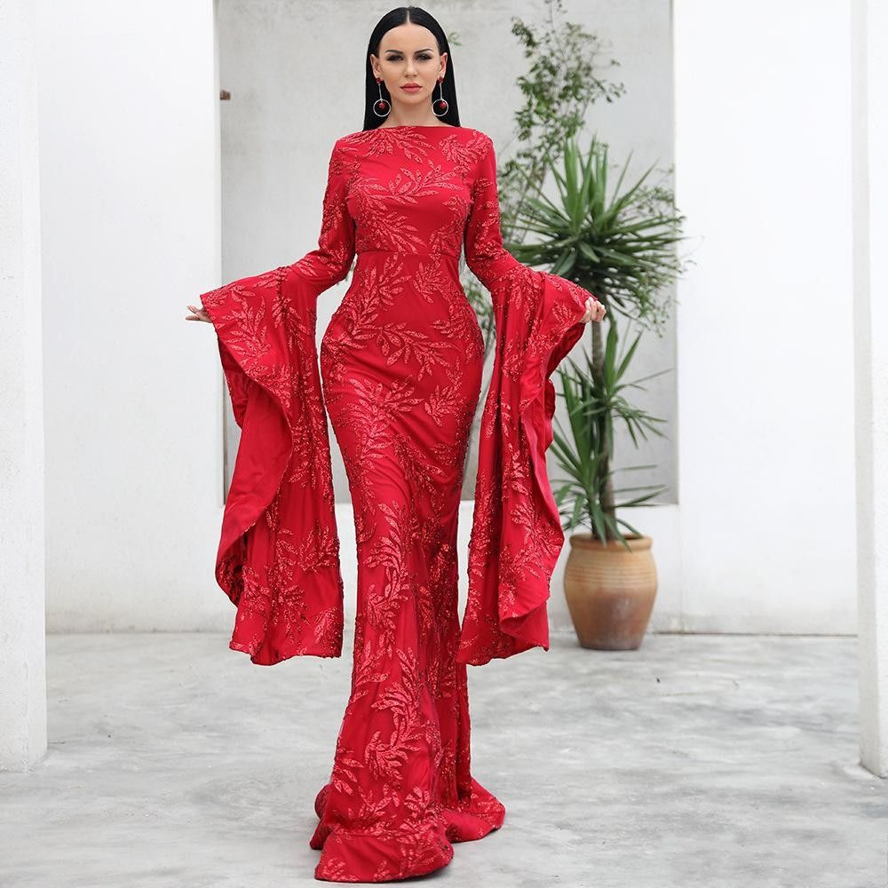 bell sleeve evening gown