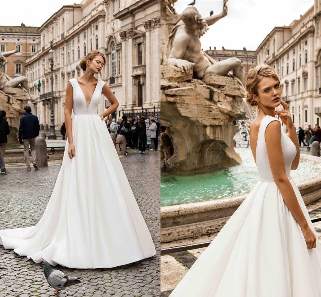 Discount Simple Cheap Backless Wedding Reception Dresses Deep V