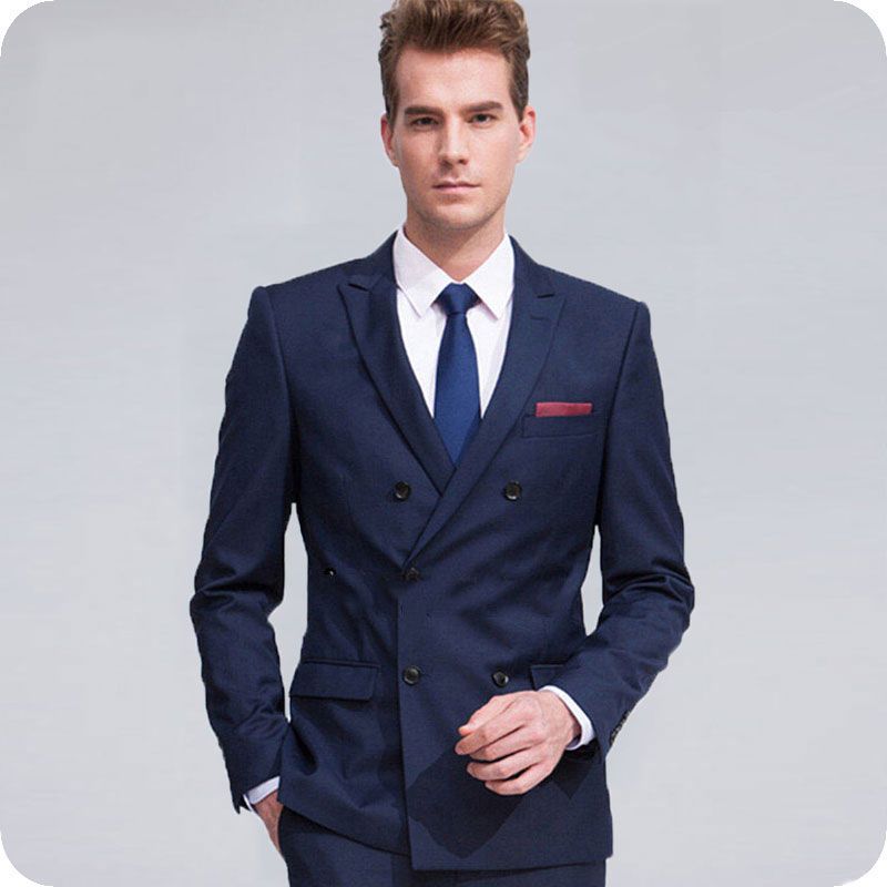 Business Navy Blue Men Suit Double Breasted Groom Tuxedos Wedding Prom Tailored